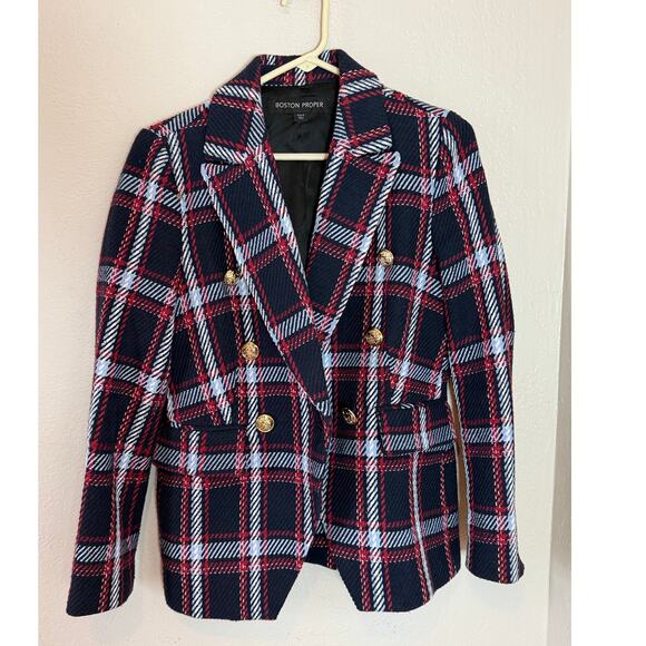 Women's Boston Proper Navy Red Plaid Gold Buttons Blazer Jacket Size 8 - Picture 3 of 7